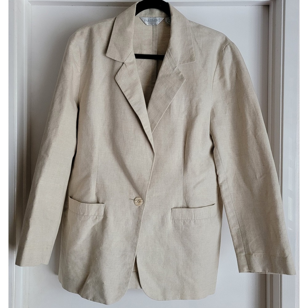 Partners Blazer Women M Beige Linen Cotton Solid Collared Jacket Vintage